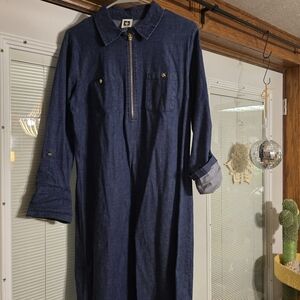 Anne Klein Indigo Denim Zip-Front Dress with Gold Logo Pull